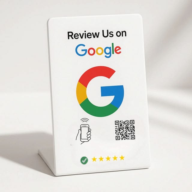 NFC Review Stand with Google logo, NFC tap icon and QR code
